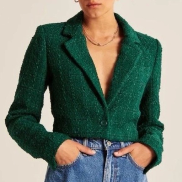 Abercrombie & Fitch Jackets & Blazers - NWT Abercrombie & Fitch Tweed Crop Tailored Jacket Blazer Emerald Green XXS A&F